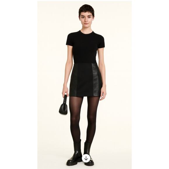 Alice + Olivia Mini Skirt Size 10 Lamb Leather Panel Mixed Media Ponte Black - Picture 1 of 8